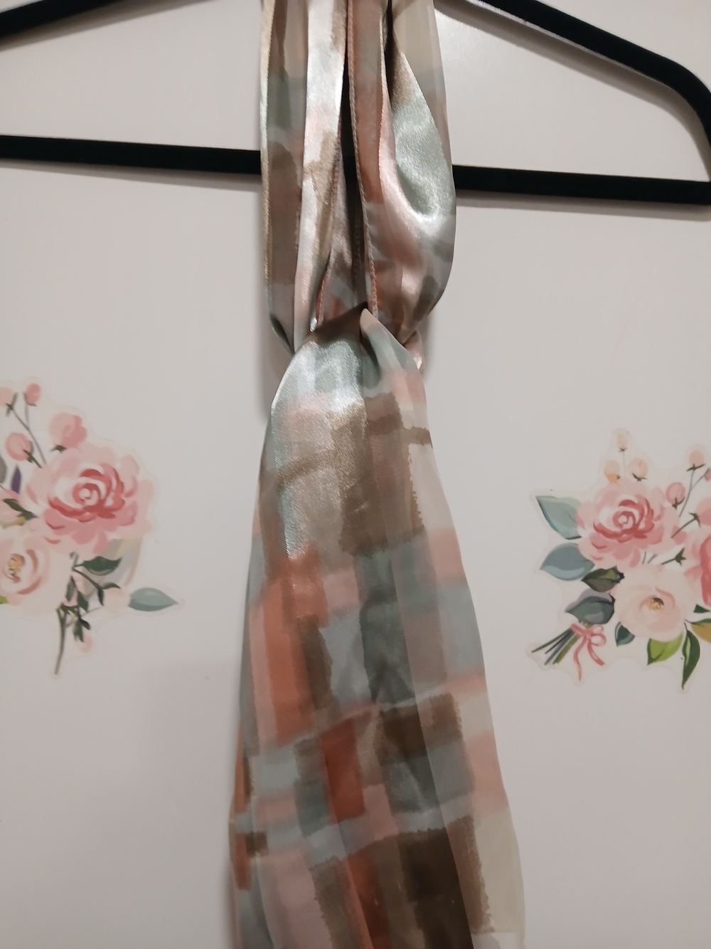 Elegant Watercolor Plaid Silk Scarf in Peach, Sage & Taupe.